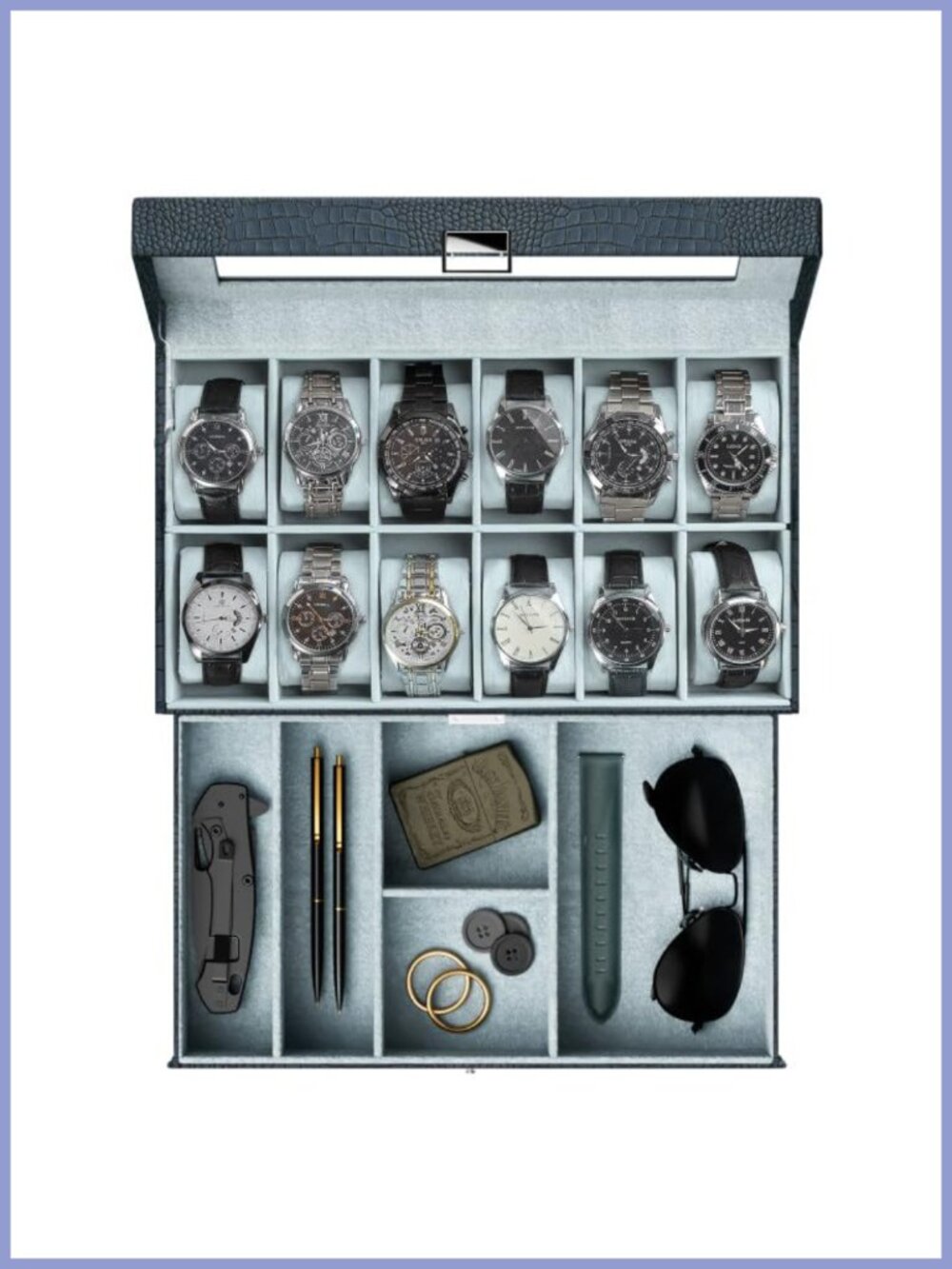 12 Slot Watch Box Display Case with Drawer PU Leather Glass Lid Jewelry Storage